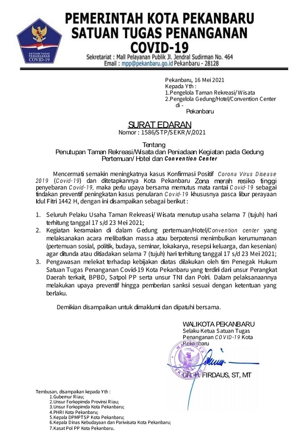 SE Walikota Hentikan Seluruh Kegiatan Yang Mengundang Kerumunan Hingga Tanggal 23 Mei 2021
